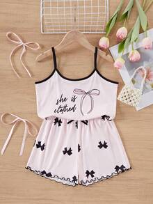 SHEIN Setelan Piyama Camisole Lengan Pendek Motif Bahagia untuk Anak Perempuan, Cocok untuk Musim Gugur, Musim Dingin, dan Sepanjang Tahun - Berwarna merah muda - View 4