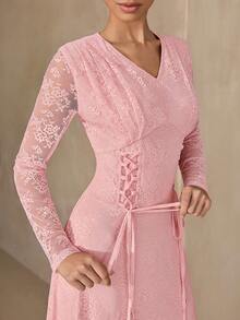 Graceveil Pink Lace Tie-Waist Elegant Long Dress For Women - Pink - View 6