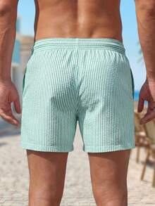 Manfinity KASUA Men's Casual Striped Print Drawstring Beach Shorts, Holiday - Mint Green - View 2