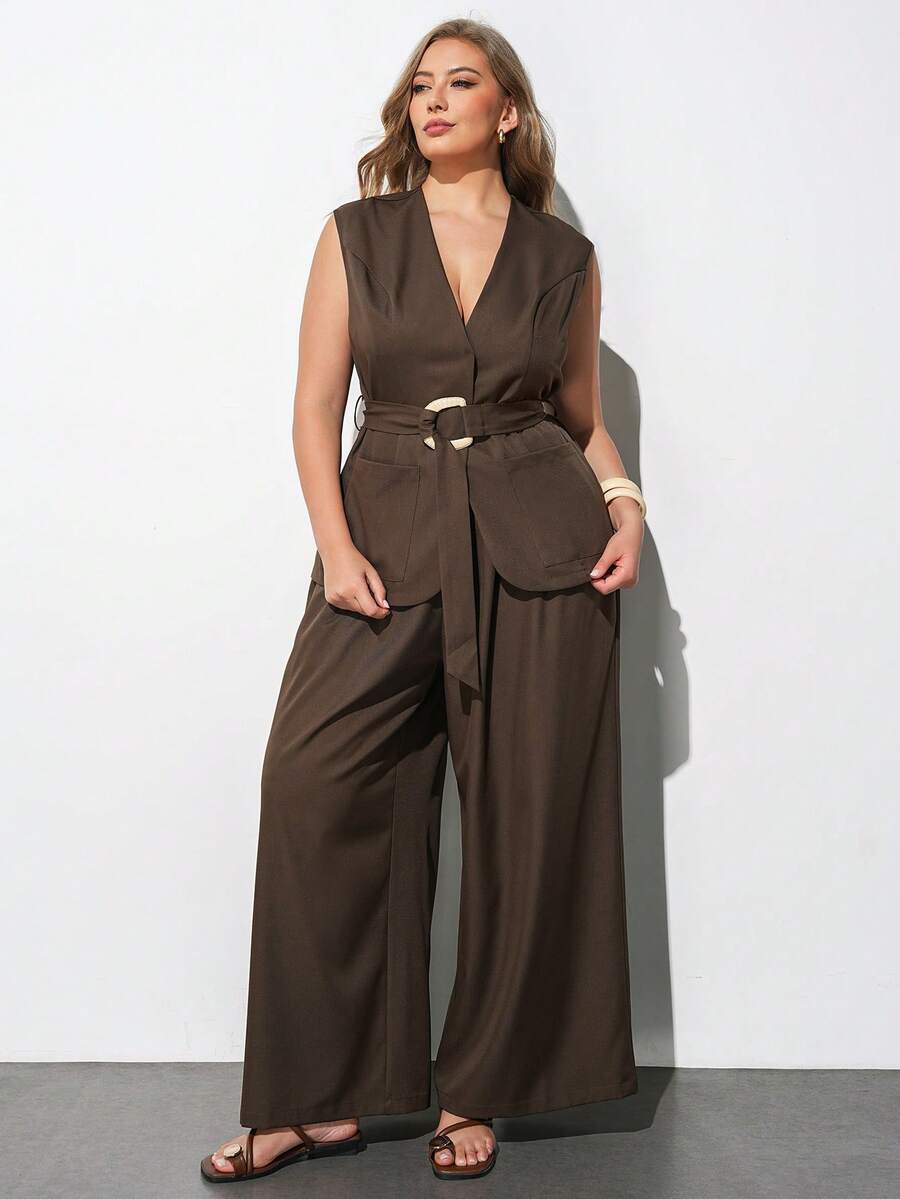 Maija Plus Size V-Neck Lapel Collar Wrap Tie Waist Loose Pocket Wide Leg Pants Suit, Modern Resort Casual Low-Key Autumn Outfit Halloween