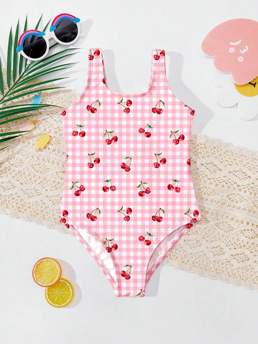 Cute & Sweet Nimitz Cherry Plaid, Young Girls Casual Minimalist One-Piece Swimsuit Suitable For Summer - Multicolor - View 1