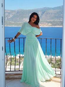 Elegante vestido de mujer verde menta de malla con fruncido, escote asimétrico sin hombros, línea A, estilo bohemio tropical, atuendo de verano para boda - Wasserblau - Ver 8