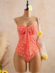 Bellisia Women's Summer Vacation Beach Ditsy Floral Twist Front Bandeau Tankini Set - Multicolor - View 1
