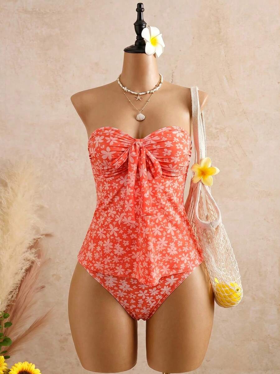 Bellisia Women's Summer Vacation Beach Ditsy Floral Twist Front Bandeau Tankini Set - Multicolor - View 1