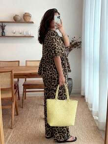 Enliva Plus Size Leopard Print Shirt And Pants 2 Pieces Set, For Apple And Rounded Holiday Vacation Summer Boho - Multicolor - View 3