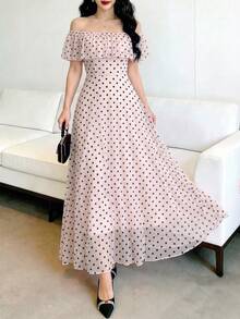 Modelyn Gaun Elegan Modis Model Off-Shoulder Motif Polkadot dengan Pinggang Ramping, Musim Semi/Panas - Berwarna merah muda - View 6