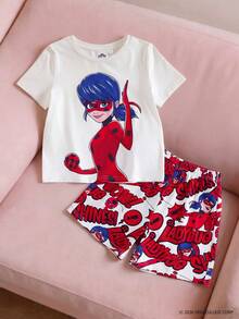Miraculous Ladybug X SHEIN 少女極簡印花圓領短袖上衣與短褲睡衣套裝 - 紅白色 - 查看 1