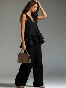 LUMIGAL Women's Solid Color Ruffle Hem Tank Top And Pants Casual Suit - Black - View 5