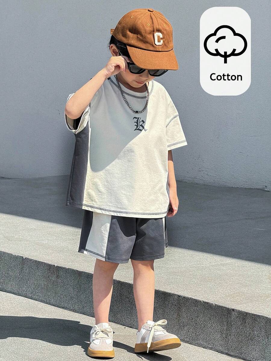 SHEIN 男童字母印花圆领T恤和短裤两件套休闲套装 - 彩色 - 查看 1