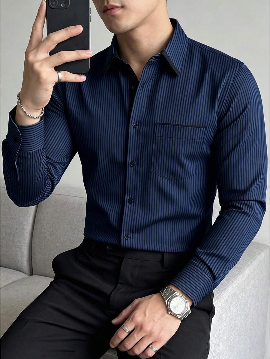 Calvornis 男士時尚商務休閒印花條紋長袖襯衫，適合秋季，正式 - 藏蓝色 - 查看 1