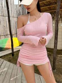 DAZY 女款夏季不對稱單肩抓皺繫帶沙灘罩衫，性感透視泳衣披肩長袖 - 淺粉色 - 查看 1
