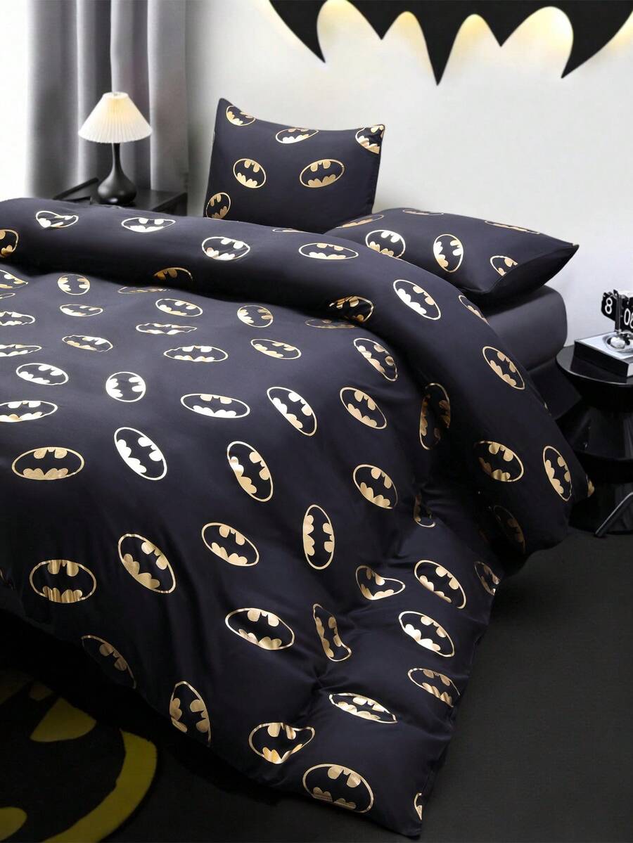 BATMAN X SHEIN 三件套金属印花被套,黑色被套,柔软舒适,保暖且可机洗,适用于单人床/双人床/大号床/特大号床,宿舍/家庭使用,凉爽舒适的床上用品。 - 黑金 - 查看 1