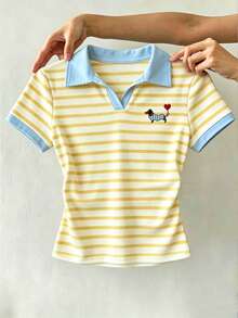 Divinelle Trang phục thường ngày tối giản, đa năng, phù hợp dự tiệc, sân bay, họa tiết chó Dachshund sọc vàng và xanh in hình bóng bay, trang phục mùa hè dành cho nữ, áo thun nữ cổ polo xếp ly thắt eo. - trắng - Xem 3