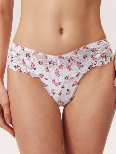 Elorette 1pc Lace Patchwork Floral Print Women's Thong Panty