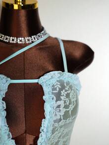 Mistrie Vestido de mujer con hombro descubierto, encaje transparente, volantes y bajo asimétrico - Celeste - Ver 3