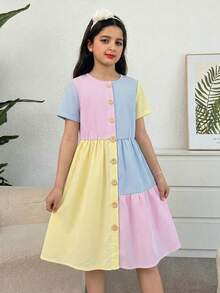 SHEIN Tween Girls' Casual Knit Round Neck Short Sleeve Dress, Spring/Summer - Multicolor - View 1