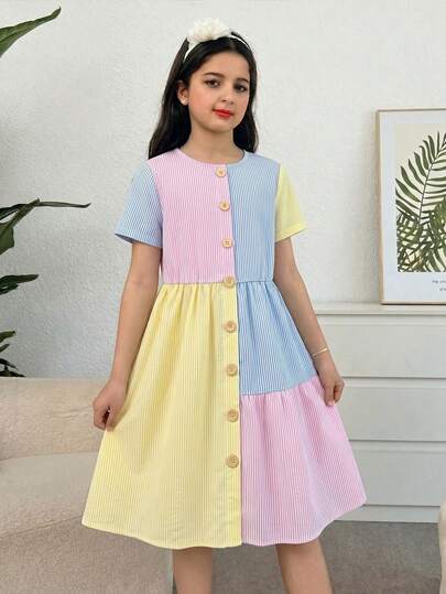 SHEIN Tween Girls' Casual Knit Round Neck Short Sleeve Dress, Spring/Summer