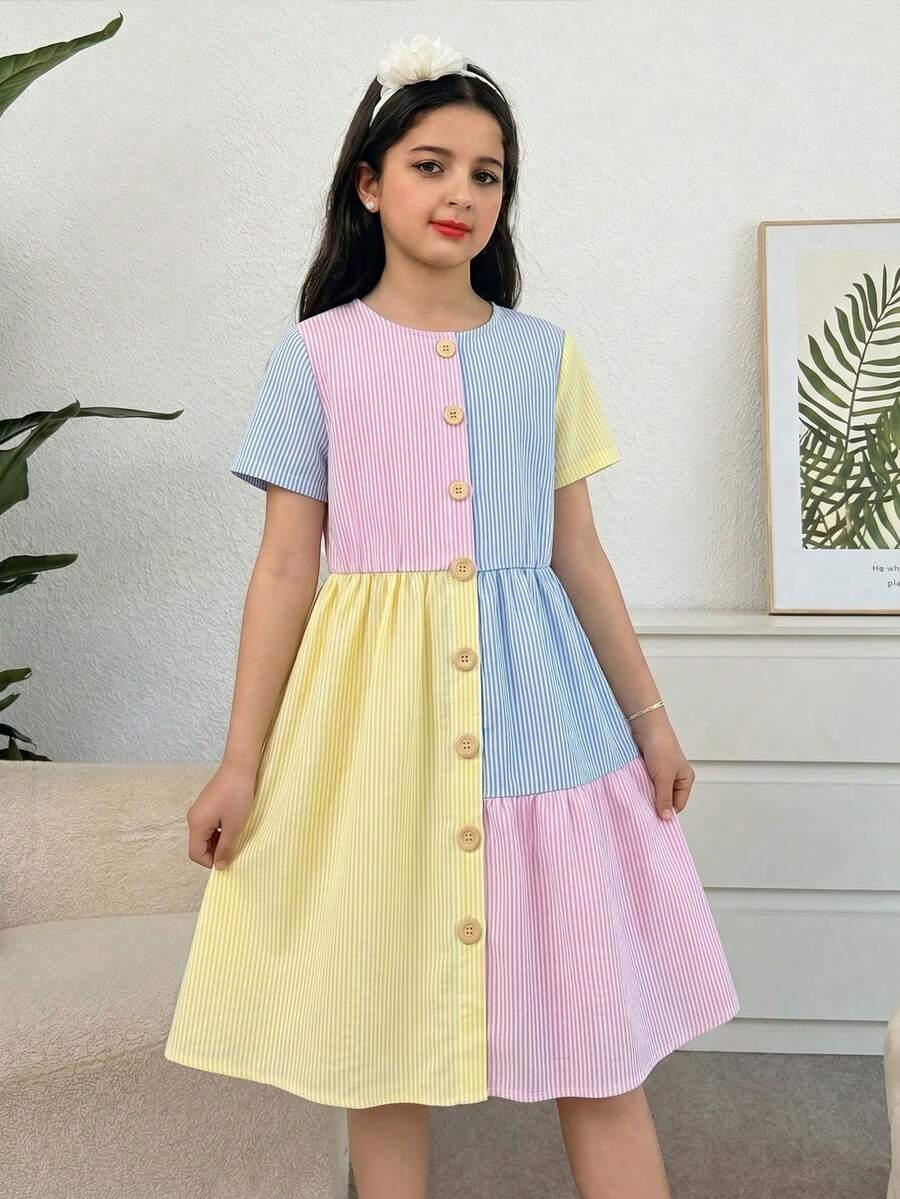 SHEIN Tween Girls' Casual Knit Round Neck Short Sleeve Dress, Spring/Summer - Multicolor - View 1