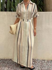 Livesso Damenlanges gestreiftes Kleid mit Revers-V-Ausschnitt und taillierter Taille Sommerkleid - Khaki - Übersicht 5