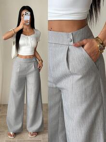 SHEIN PETITE CURVE 大码女式竹纤维面料腰部前扣设计优雅教师制服休闲裤 - 灰色 - 查看 9