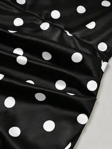 Franclia Women's Elegant Romantic Satin Polka Dot Print Ruffle Neck Sleeveless Pleated Dress, Suitable For Spring/Summer Outings And Dates - Black and White - View 3
