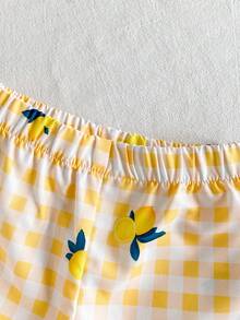 SHEIN Playful Pals 2件裝女嬰白色圓領短袖T恤搭配刺繡檸檬裝飾 + 鬆緊腰寬腿褲，休閒清新水果檸檬貼布印花套裝，適合夏季日常出遊、上學、購物、旅行、公園玩耍以及各種室內外場合 - 黃色 - 查看 7