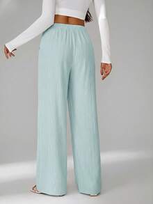 SHEIN Tall Loose Drawstring Waist Trousers In Textured Crinkle Fabric, Tall Women - Baby Blue - View 2