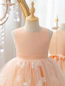 SHEIN Glamorique Kids 女童公主裙，花童礼服，生日派对，婚礼，节日，缎面面料，无袖，多层网纱裙摆，后背蝴蝶结系带 - 橘色 - 查看 4