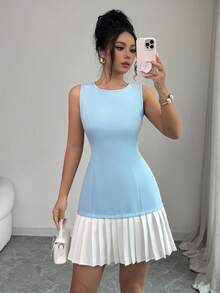 SHEIN Elenzya Women's Elegant Commuter French Style Sleeveless Round Neck Waist Gathered A-Line Hem Pleated Mini Dress, Spring/Summer - Blue and White - View 1