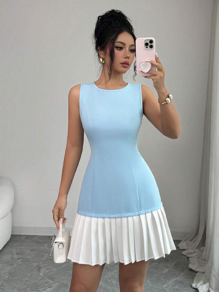 SHEIN Elenzya Women's Elegant Commuter French Style Sleeveless Round Neck Waist Gathered A-Line Hem Pleated Mini Dress, Spring/Summer - Blue and White - View 1
