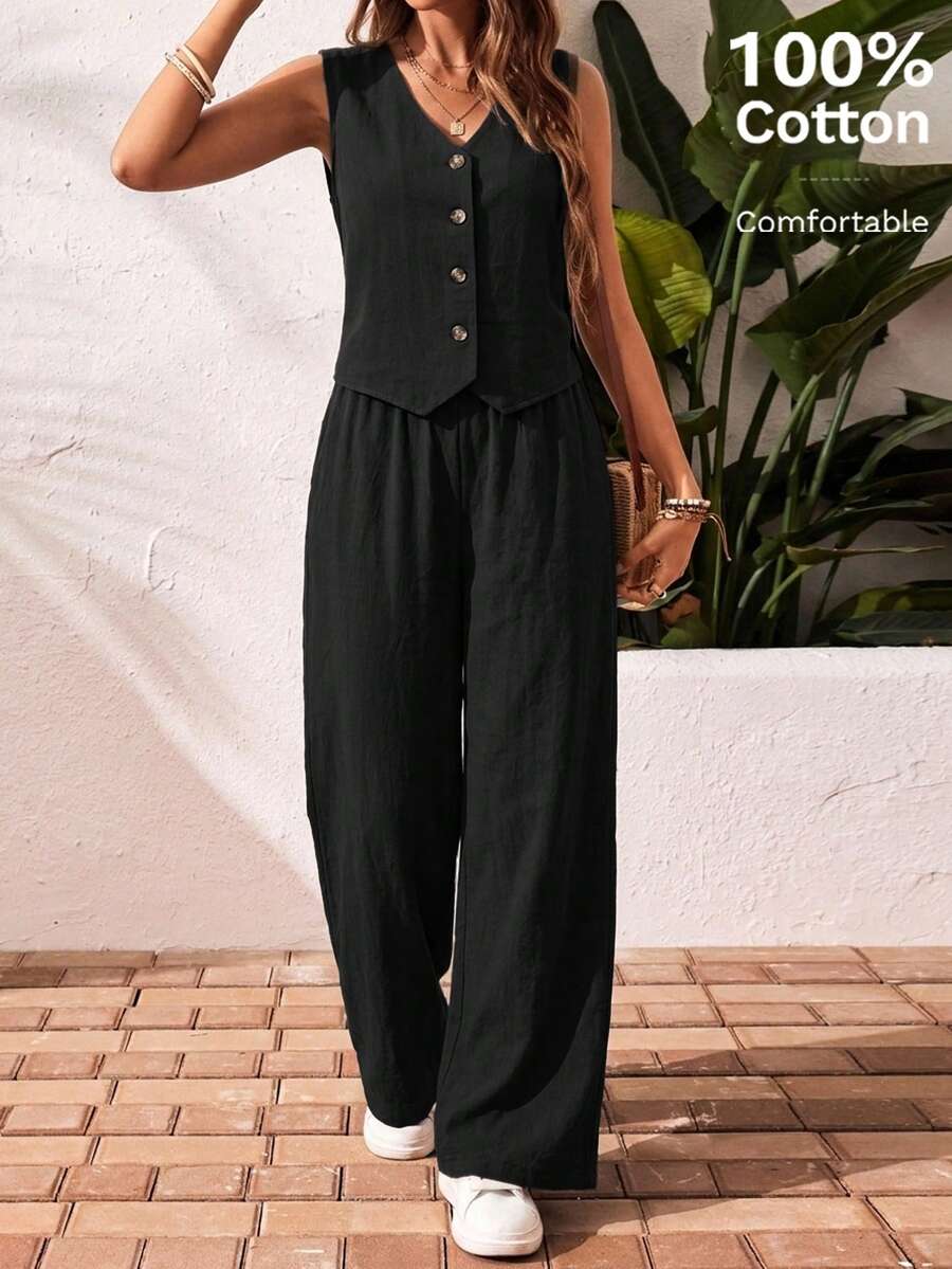 SHEIN Frenchy 2pcs Casual Minimalist Black Cotton Set, Suitable For Summer,Summer Outfits For Women - Black - View 1