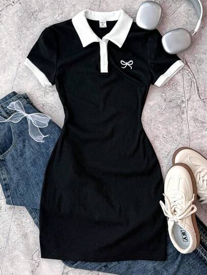 SHEIN Đầm thường ngày màu đen trắng phối cổ tương phản ôm sát người, thêu hình bướm, có thắt lưng, dành cho bé gái tuổi teen.