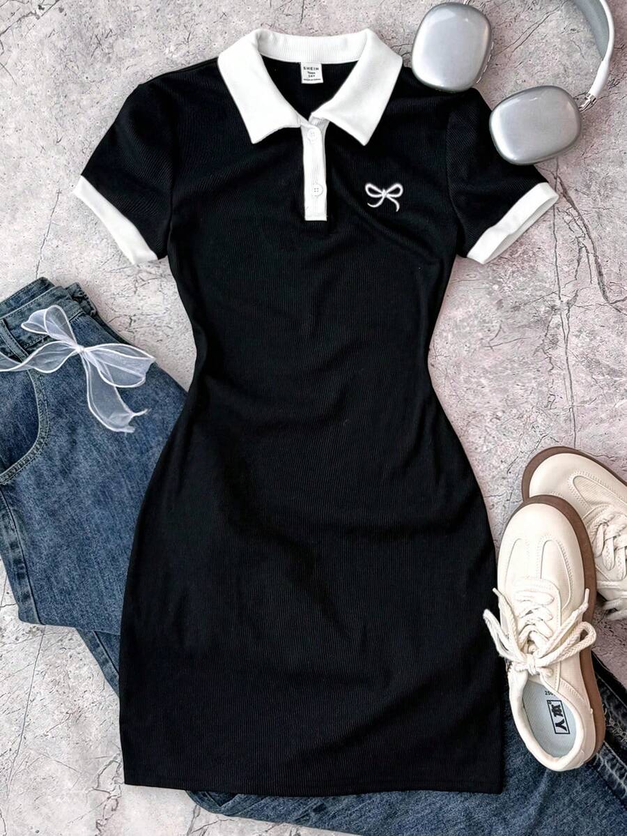 SHEIN Vestito casual quotidiano per ragazze pre-adolescenti, con colletto a contrasto bianco e nero, aderente, con ricamo a farfalla e cintura - nero - Visualizzare 1