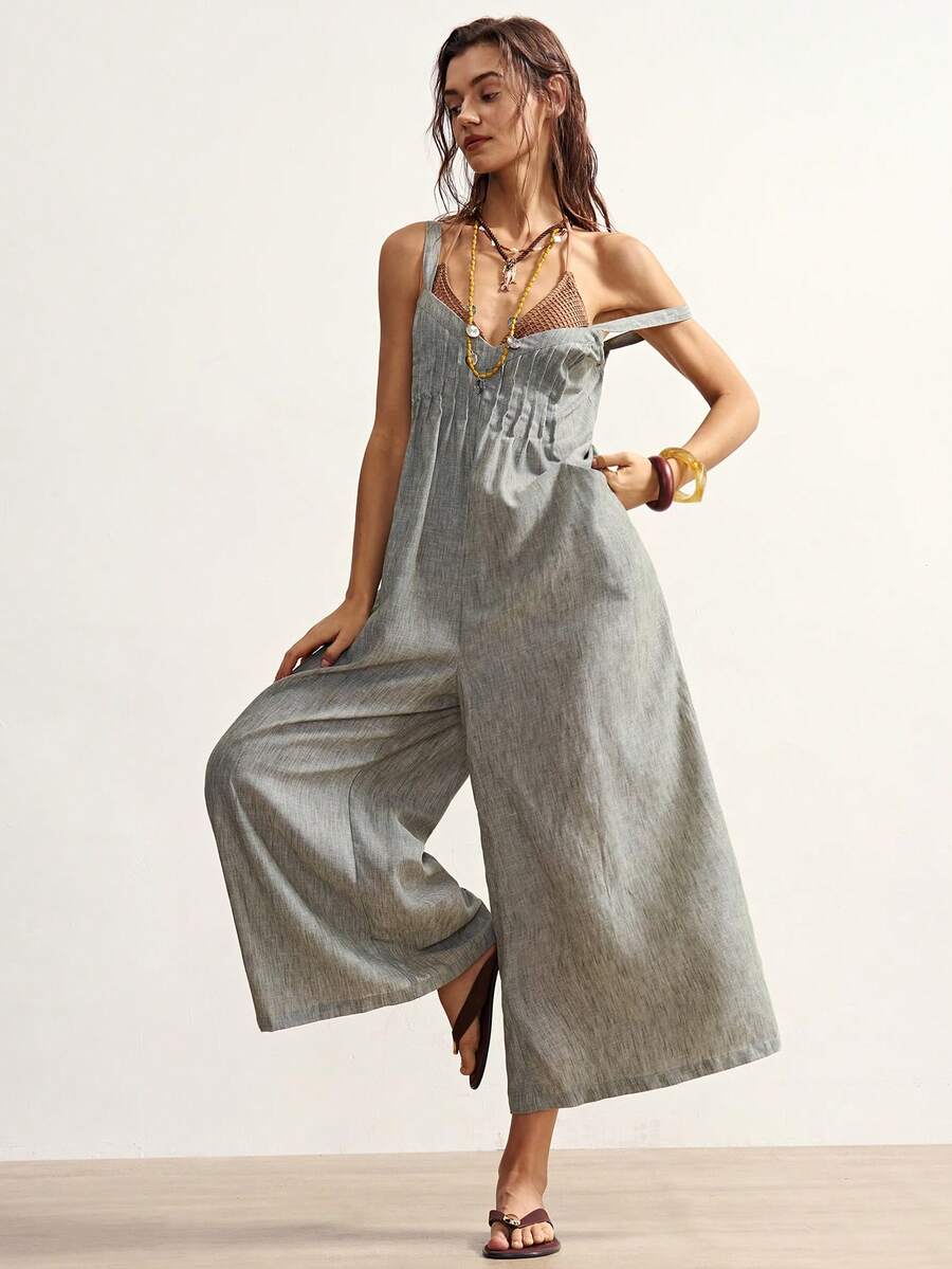 Bohemela Women's Summer Casual Vacation Loose Green Textured Woven Sleeveless Jumpsuit - Multicolor - View 1