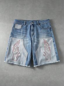 ROMWE MEN Men's Casual Loose Straight Leg Distressed Denim Shorts With Applique And Rhinestones - Blue - View 1