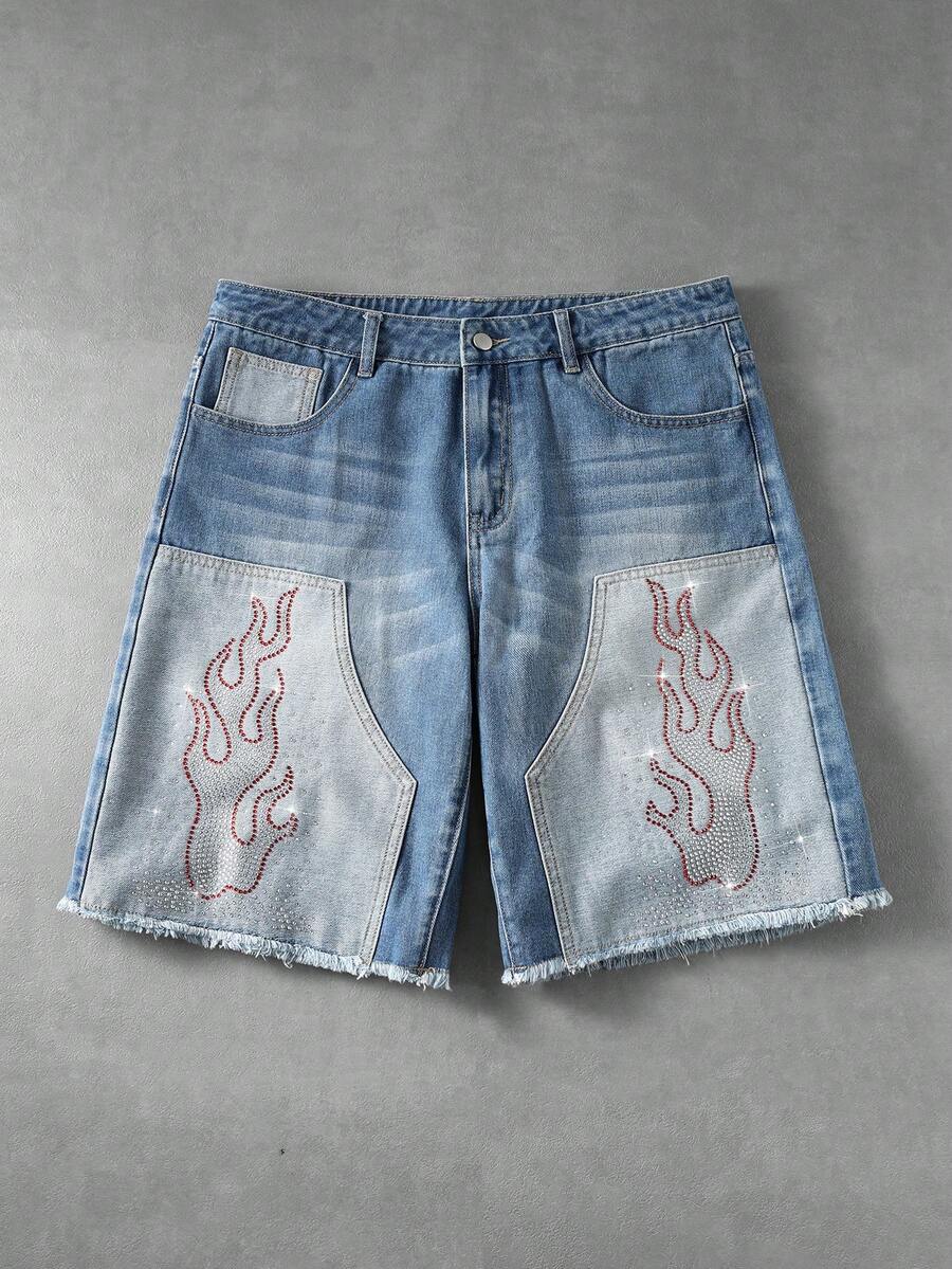 ROMWE MEN Men's Casual Loose Straight Leg Distressed Denim Shorts With Applique And Rhinestones - Blue - View 1