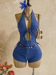 Soleia Women's Backless Halter Denim Romper - Blue - View 8
