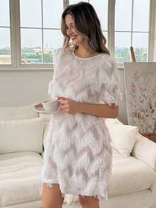 Livesso Vestido corto blanco con adorno de flecos en las mangas, vestido de pijama de verano para mujer - Blanco - View 3