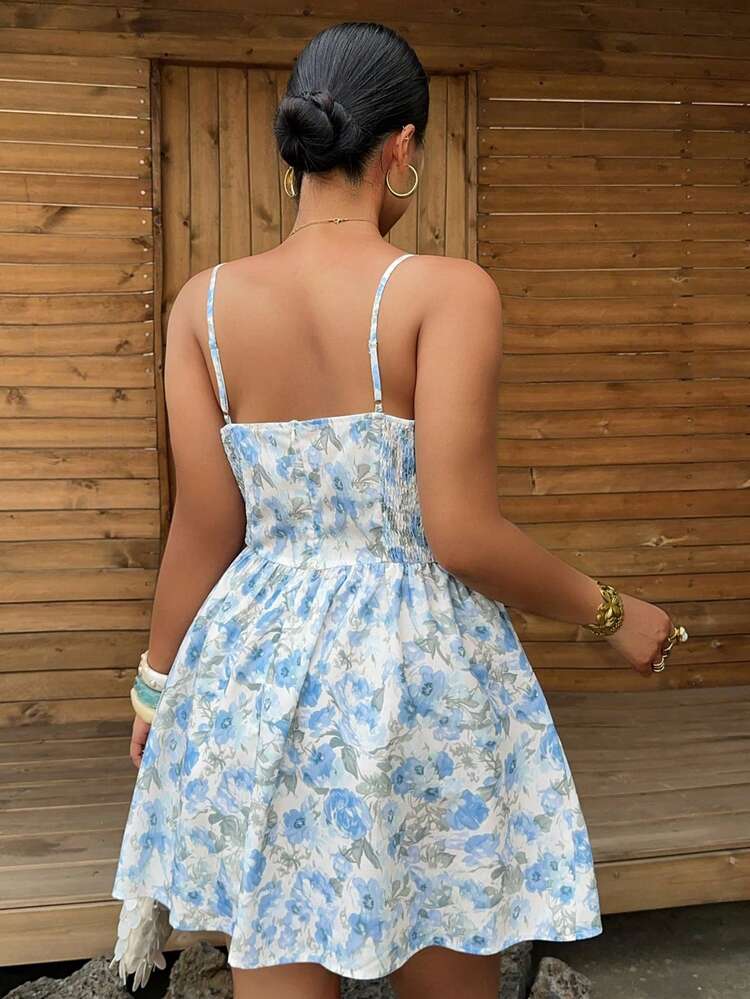 Dazy Plus Plus Size Women's Ditsy Floral Waist Cinched Vacation Style Beach Mini Dress, Sexy & Elegant, Blue Floral Sundress For Spring/Summer, Date Outfit