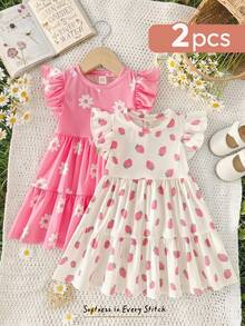 Cozy Pixies 2pcs Baby Girl Floral Print Knit Soft Round Neck Short Sleeve Cinched Waist Dress Set - Pink - View 3
