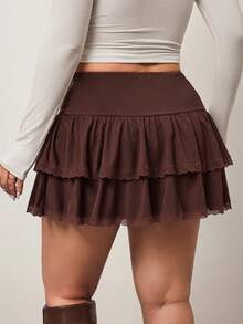 Enliva Plus Size Women Chocolate Brown Short A-Line Skirt, Cake Style, For Apple And Rounded Body Shape - Brown - View 2