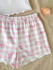 SHEIN 4 piezas Conjunto de pijamas para niñas preadolescentes - Decoración con moño y estampado de oso de dibujos animados en camiseta y pantalones cortos - Multicolor - Ver 4