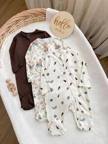 SHEIN Bộ 3 món áo liền quần dài tay dệt kim họa tiết hoa nhí dễ thương cho bé gái sơ sinh - Màu Khaki - Xem 6