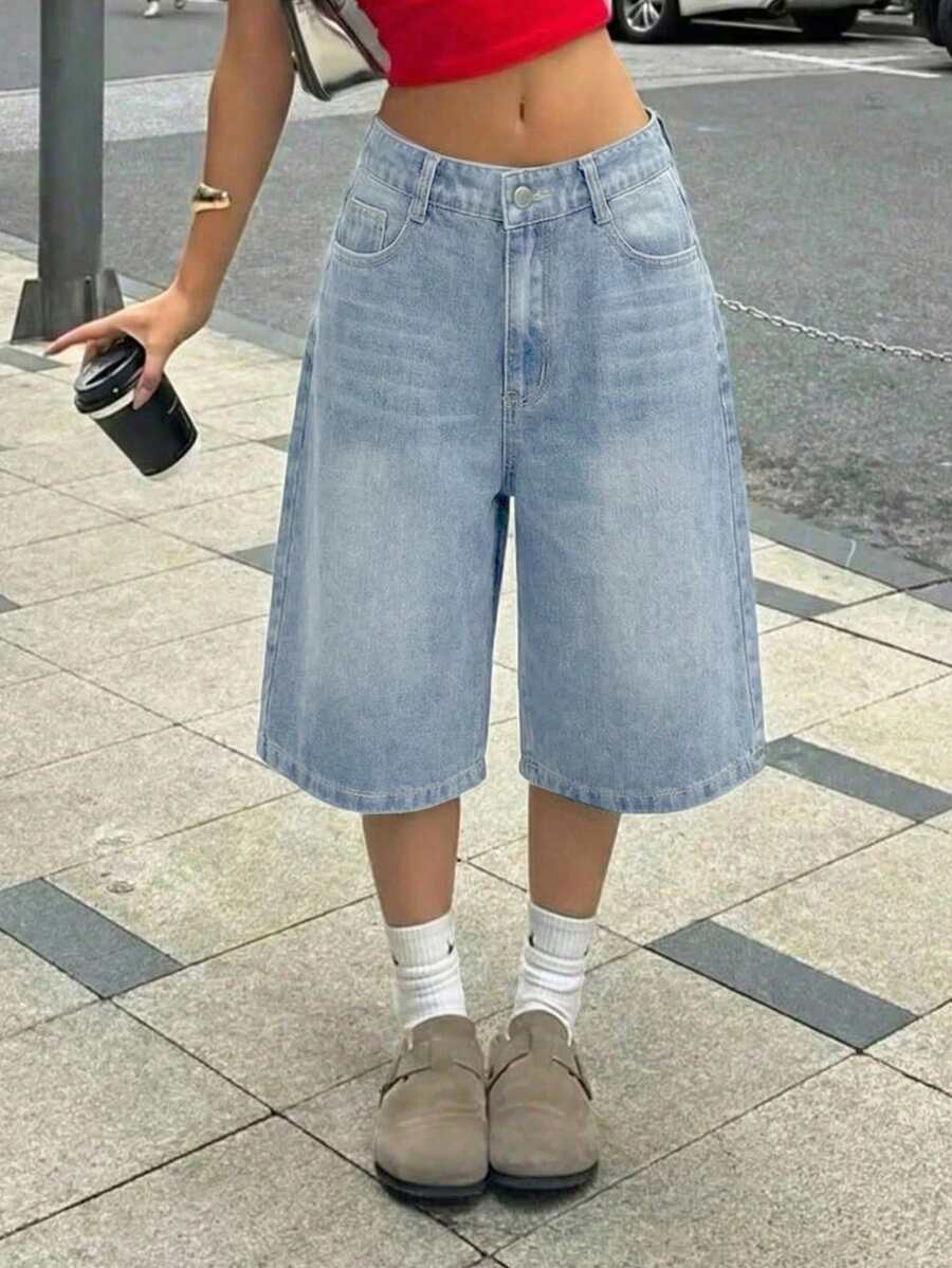 SHEIN 少女Y2K复古水洗口袋设计宽松百慕大牛仔长短裤,女孩夏季波西米亚风牛仔短裤,适合夏季休闲、学校、校园、大学穿着,女孩夏季服装搭配,适合春夏波西米亚风,季节复古//海滩/海边/优雅毕业装,休闲女士连体裤,夏季度假装,春季服装搭配,女士海滩装,女士度假装,情人节装,夏季度假装,女士海滩度假装,毕业装 - 淺色水洗藍 - 查看 1