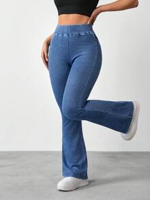 SHEIN Tall Quần jeans ống loe cạp cao nữ, kiểu dáng thường ngày, đa năng. - Màu xanh lam - Xem 5