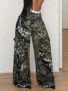 StreetHx Women's Camouflage Print Fashion Versatile Pocket Button Loose Wide-Leg Jeans - Multicolor - View 3