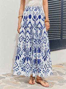 Vivid Eden Chân váy nữ dáng rộng in họa tiết Bohemian với chun co giãn - Xanh và trắng - Xem 6