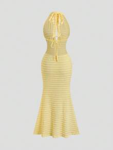 Sunnyshic Đầm đuôi cá màu vàng dệt kim jacquard, cổ chữ V sâu, hở lưng, kiểu yếm, thắt eo, thanh lịch, gợi cảm, thích hợp cho các bữa tiệc, ngọt ngào, dễ thương, lãng mạn, đa năng, phù hợp cho kỳ nghỉ hè, đi biển. - Màu vàng - Xem 7