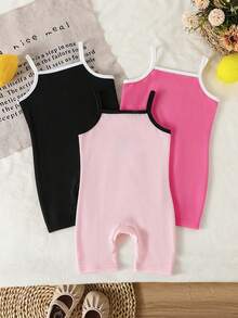 SHEIN 3pcs Set Romper Bayi Perempuan Rajut Manis Atasan Camisole & Celana Pendek, Musim Panas - MultiWarna - View 2