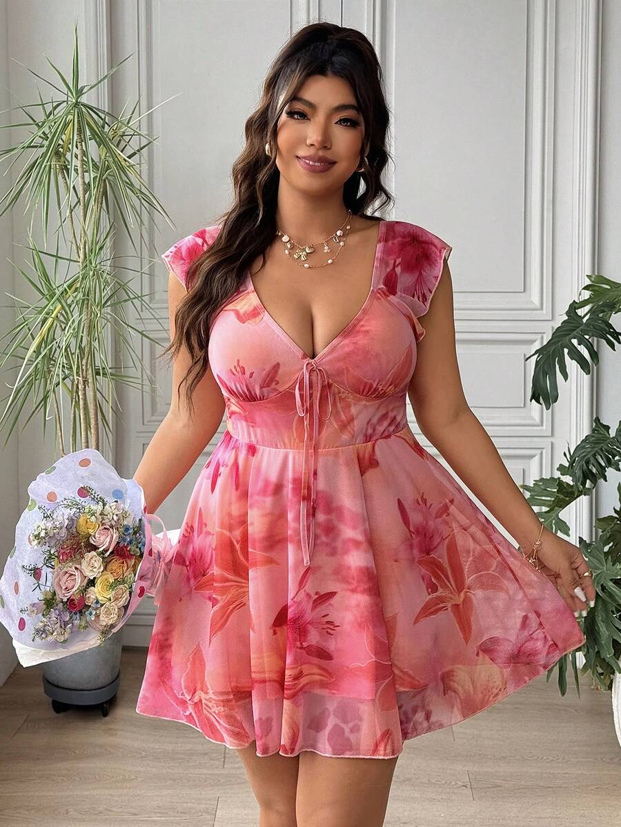 SHEIN EZwear 大码女式印花系带时尚度假连衣裙 - 彩色 - 查看 1